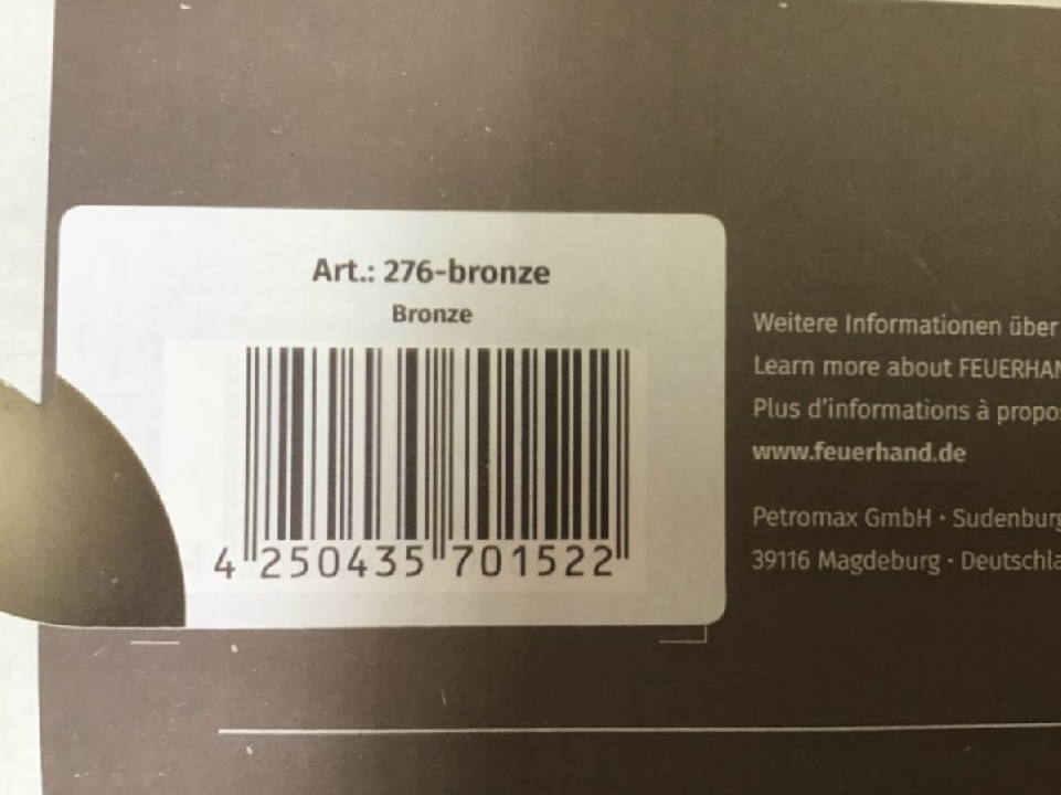 โคมไฟ Feuerhand ใหม่ที่ยังไม่ได้ใช้ 276 Made in Germany Bronze