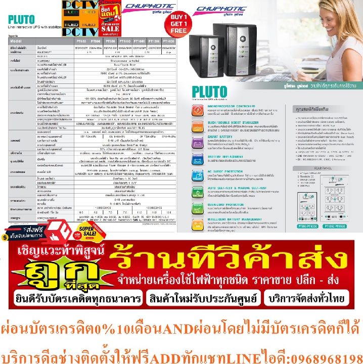 CHUPHOTIC PLUTOเครื่องสำรองกระแสไฟ UPS PT1000(1000VA/600W)ป้องกันไฟฟ้าลัดวงจรปรับแรงดันไฟฟ้าสูงต่ำ+ฟรีSOU