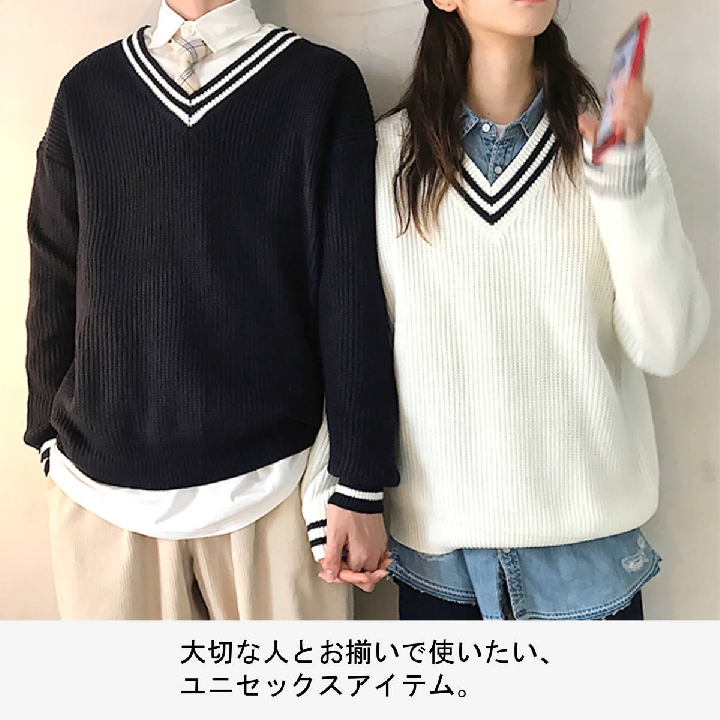 เสื้อ สเวตเตอร์ถักคอวีสำหรับผู้ชายผู้หญิงหลวมขนาดใหญ่รูปเงาดำลำลองฤดูหนาวสีขาวกรมท่า